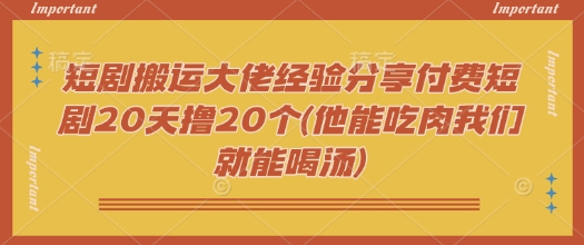 短剧搬运大佬经验分享付费短剧20天撸20个(他能吃肉我们就能喝汤)-韭菜网