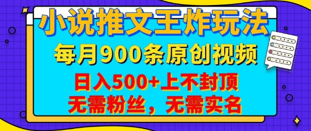 小说推文王炸玩法，一键代发，每月最多领900条原创视频，播放量收益日入5张，无需粉丝，无需实名【揭秘】-韭菜网