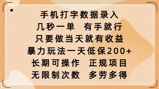 手机打字数据录入，几秒一单，有手就行，只要做当天就有收益，暴力玩法一天低保2张-韭菜网